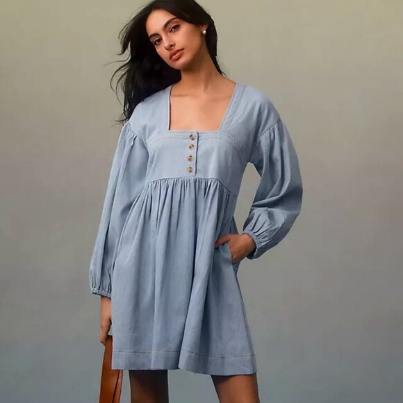 Anthropologie Long Sleeve Square Neck Denim Babydoll Mini Dress Size L EUC - Picture 1 of 13